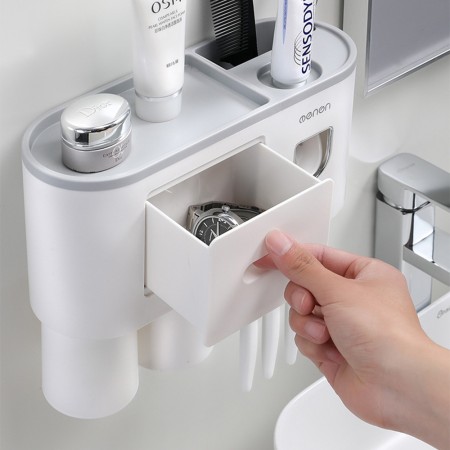 Meidong Toothbrush Holder with Toothbrush Dispenser-Multifunctional Wall Mounted Space-Saving  automatic Toothpaste Squeezer Kit for Bathroom and Washroom
